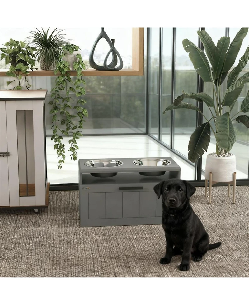 Aostirmotor 21.6 in. Wide Dog Bowls with 2 Stainless Steel Bowls in Grey