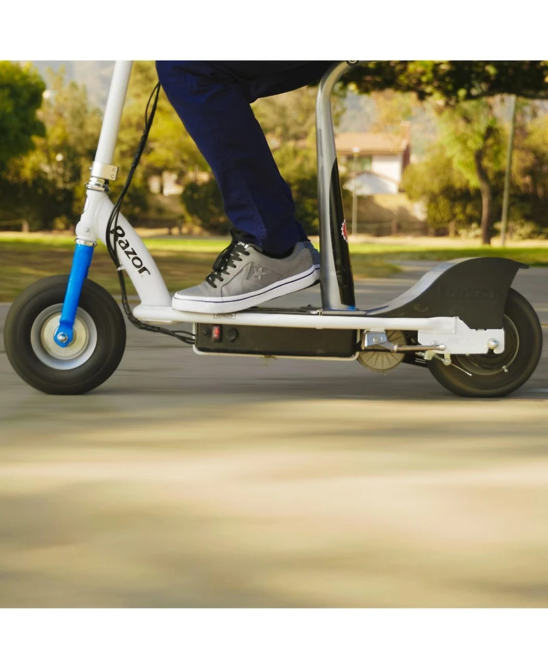 Razor E300S Seated Electric Scooter for Kids, Pneumatic Tires, Seat, White/Blue
