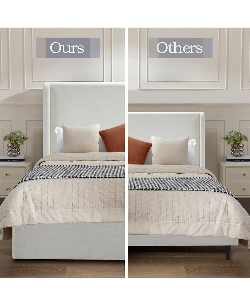 Boyel Living Carmen Upholstered Wingback Bed Frame with 54" Headboard, Textured Ivory Chenille