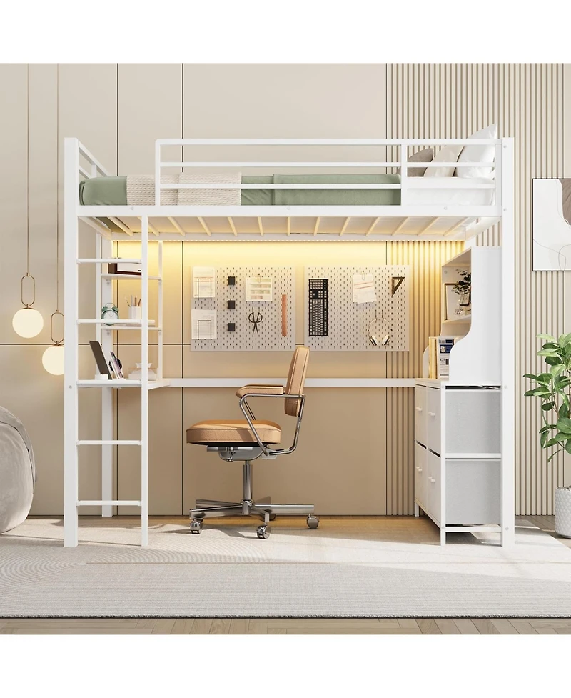 gaomon Twin Loft Bed with Desk, 4 Large Fabric Drawers and Open Shelves, Heavy Duty Metal Led Lights