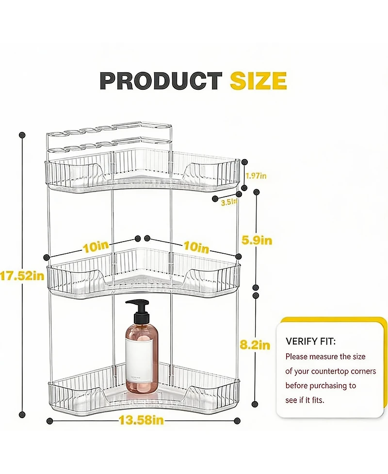Yigii 3-Tier Corner Bathroom Organizer with Toothbrush & Makeup Brush Holders