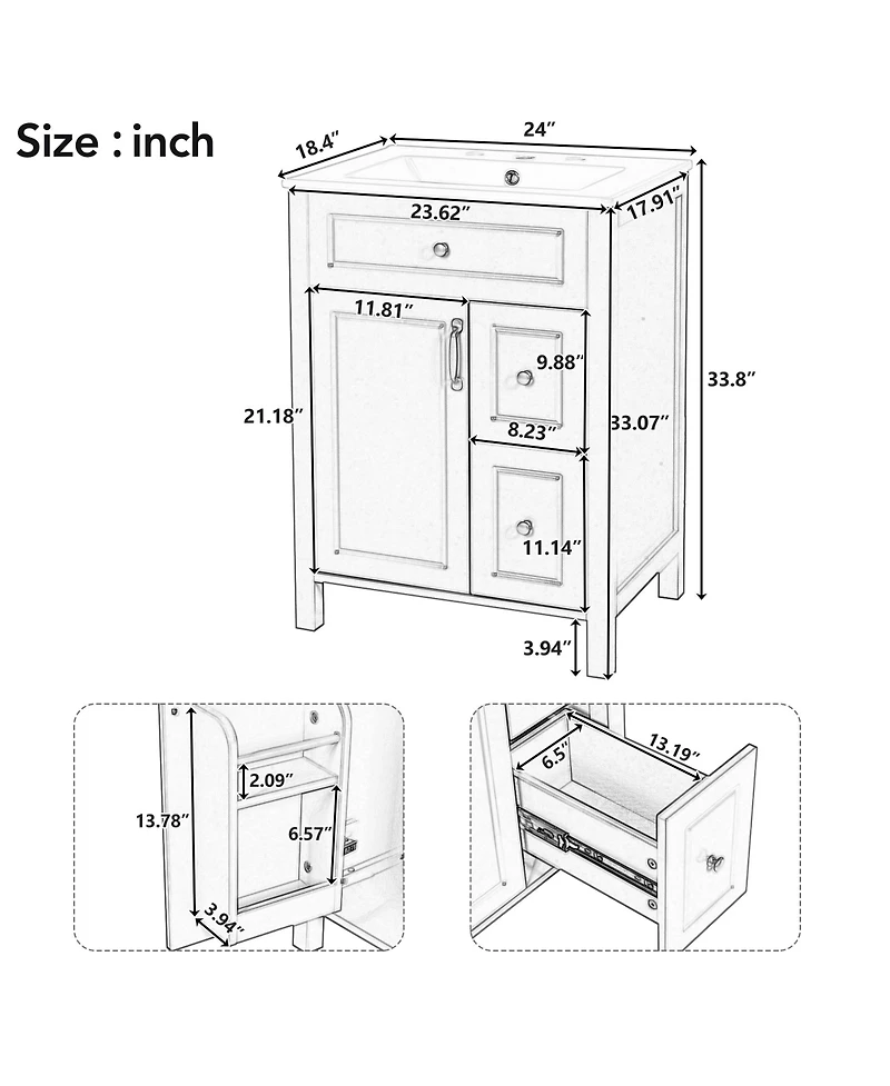 Cesicia 24 in. Bathroom Vanity with Ceramic Sink, Soft Close Door, Drawers and Double Storage Racks on the Door
