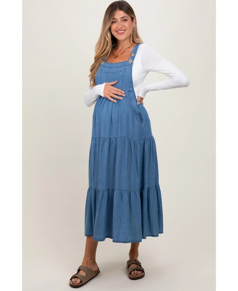 Pinkblush Women's Blue Chambray Overall Tiered Maternity Midi Dress