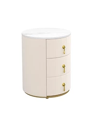 Cesicia Round Upholstered Nightstand Bedside Table with 3 Drawers, Metal Handles, Marbling Stickers Top for Bedroom, Fully Assembled Except Handles