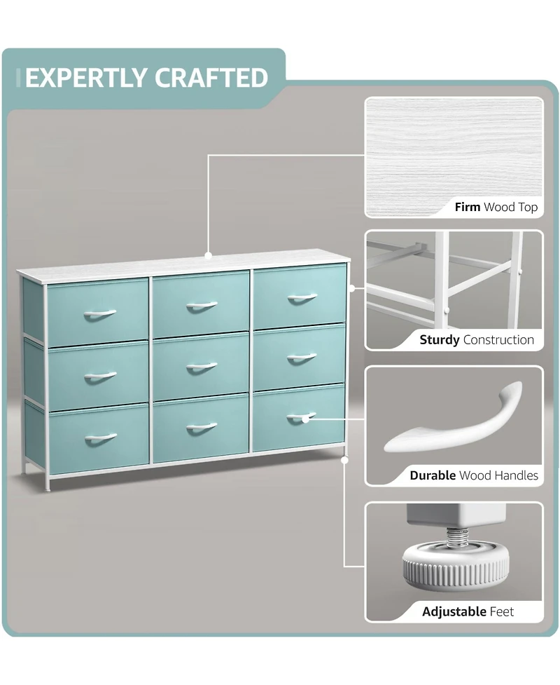 Sorbus 9 Drawers Dresser- Storage Unit with Steel Frame, Wood Top, Fabric Bins