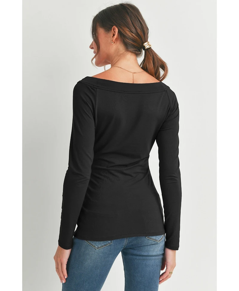 Hello Miz Maternity Ruched Long Sleeve Boat Neck Top