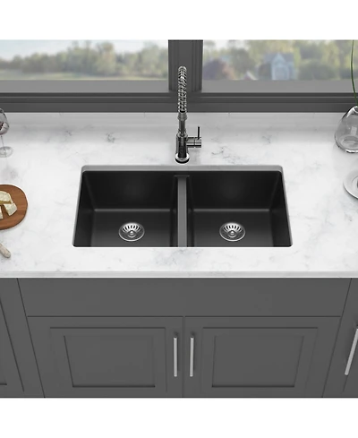 flynama huluwat Black Quartz Composite Kitchen Sink Double Bowl Undermount
