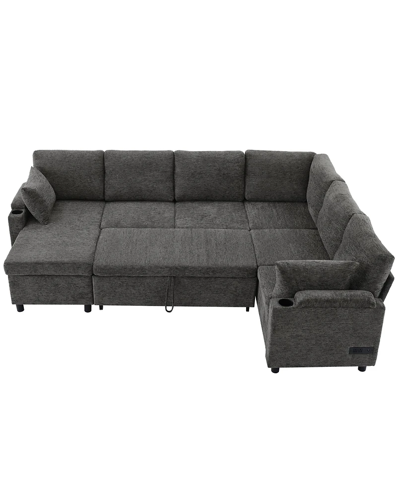 Streamdale Furniture 109.9" U-Shaped Sectional Sofa Bed with Storage, Cup Holders & Charging