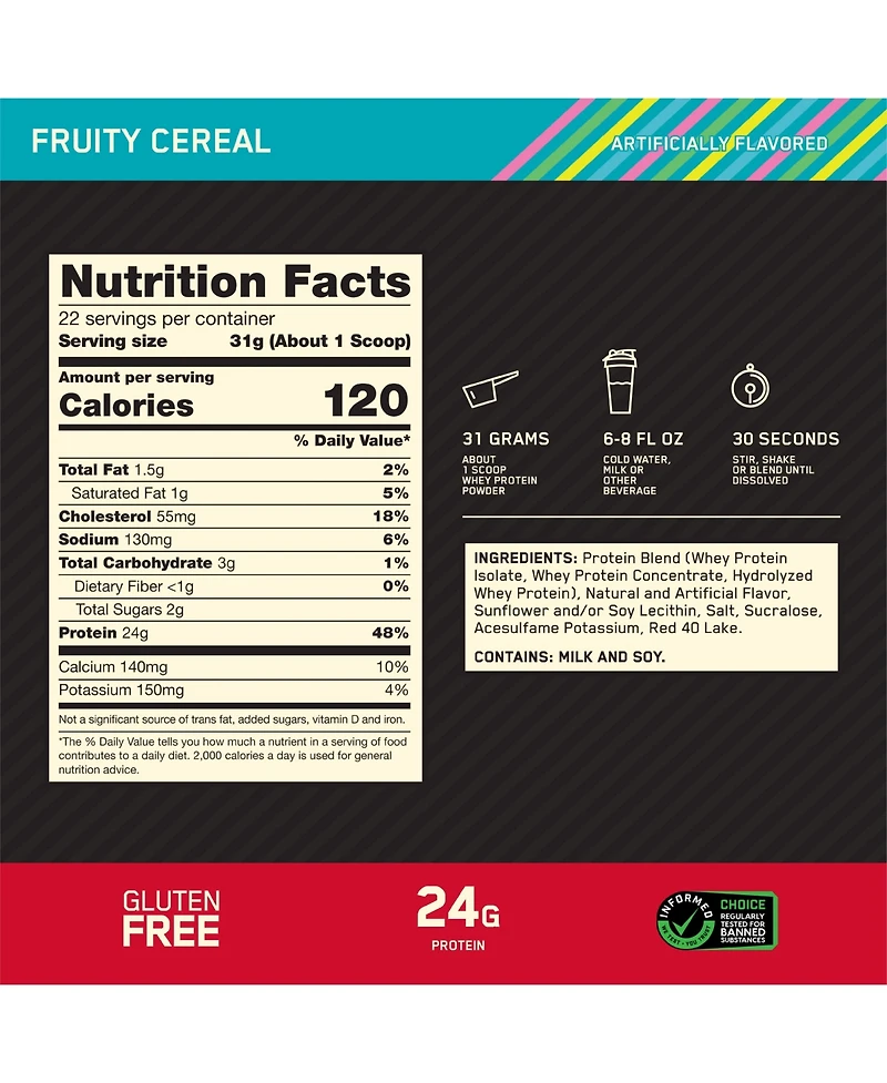 Optimum Nutrition, Gold Standard 100% Whey Protein Powder, Fruity Cereal, 1.5lb Tub