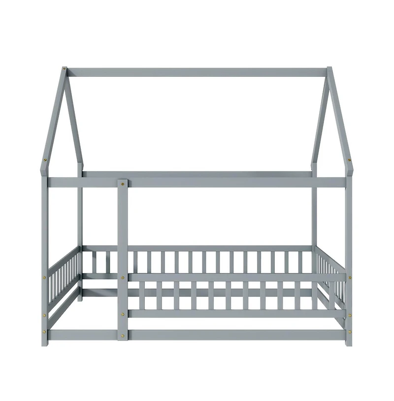 Cesicia Full House Floor Bed with Roof Frame & Safety Guardrails Wooden Play for Kids and Teens