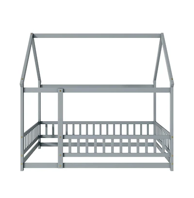 Cesicia Full House Floor Bed with Roof Frame & Safety Guardrails Wooden Play for Kids and Teens
