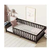 Cesicia Twin Floor Bed with Safety Fence Rubber Wood Kids for Toddler Room & Play Space