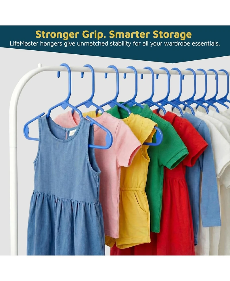 Lifemaster Kids Plastic Hangers, Blue, 11.6", with shoulder notches, space-saving, hold 5 lbs, ideal for baby, toddler & kids clothes, 50-pack.