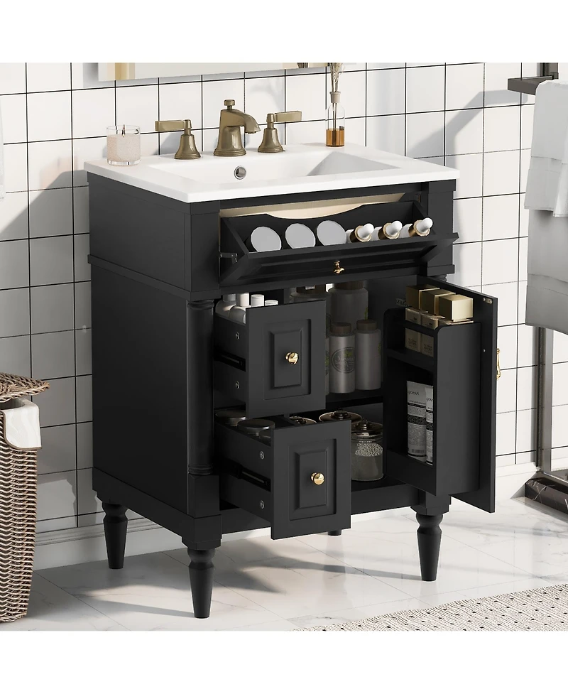 Cesicia 24 in. Freestanding Bathroom Vanity with Sink, Flip Drawer, Adjustable Shelf, Solid Rubberwood Frame, Mdf Panels and Metal Handles