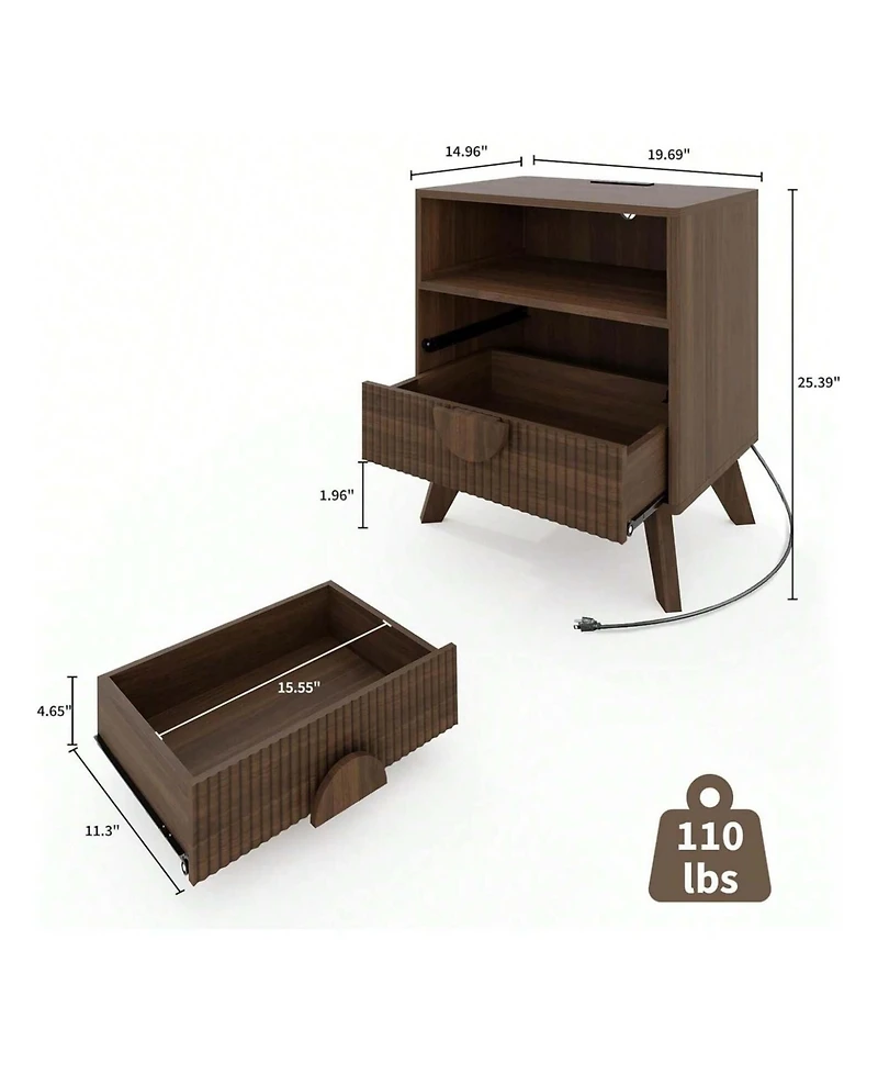 gaomon 2PCS Fluted Night Stand Wood Tall Nightstands With Charging Station Usb Ports And Outlets Nightstand Bedside Table