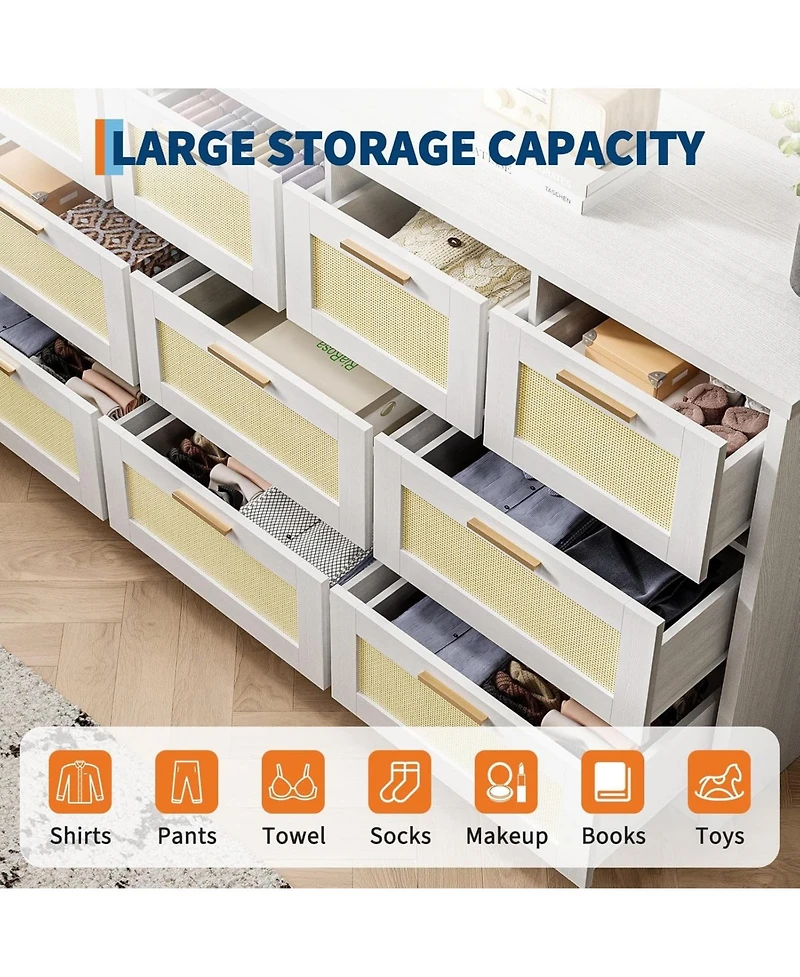 gaomon 10 Drawer Dresser for Bedroom, 59'' Rattan Dresser Tv Stand for 55, 65, 70 TVs
