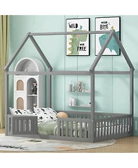 Boyel Living Full Size Wood House Bed with Fence and Door