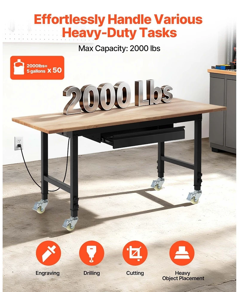 Mecale Adjustable Workbench, 60"x24" Oak Top, 2000 lb Capacity, Drawer & Power Outlets.
