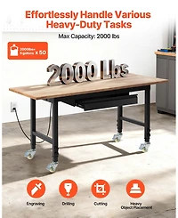 Mecale Adjustable Workbench, 60"x24" Oak Top, 2000 lb Capacity, Drawer & Power Outlets.