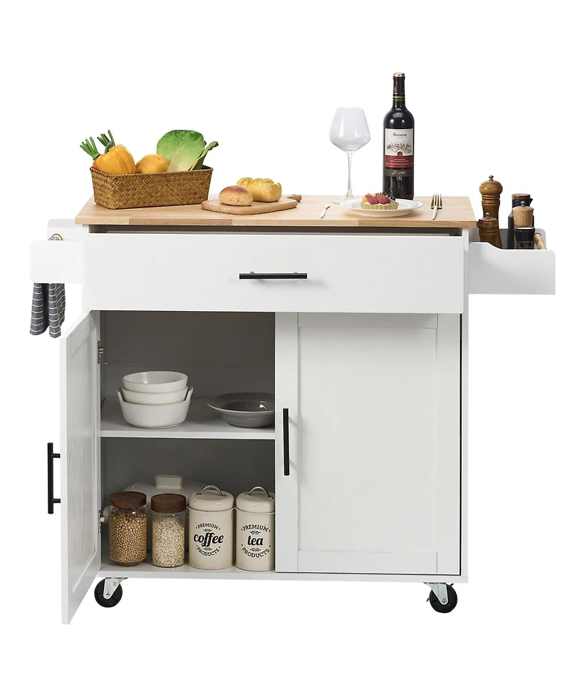 Volenca Kitchen Island Cart with Solid Wood Top, 35.4" Wide, Storage Cabinet, Drop Leaf, Drawer, Spice Rack, Towel Rack, Rolling, White