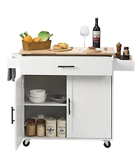 Volenca Kitchen Island Cart with Solid Wood Top, 35.4" Wide, Storage Cabinet, Drop Leaf, Drawer, Spice Rack, Towel Rack, Rolling, White