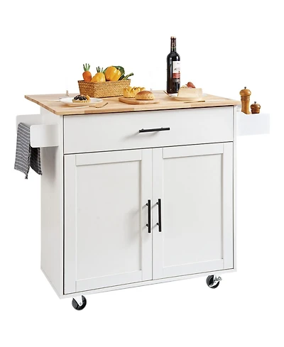 Volenca Kitchen Island Cart with Solid Wood Top, 35.4" Wide, Storage Cabinet, Drop Leaf, Drawer, Spice Rack, Towel Rack, Rolling, White