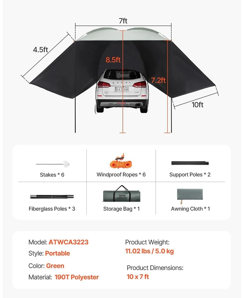 Mecale Vehicle Awning, 10' x 7' Shade Coverage Car Side Awning, PU2000mm UV50+ with Extended Side Canopies and Portable Storage Bag