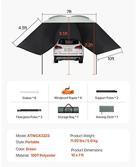 Mecale Vehicle Awning, 10' x 7' Shade Coverage Car Side Awning, PU2000mm UV50+ with Extended Side Canopies and Portable Storage Bag
