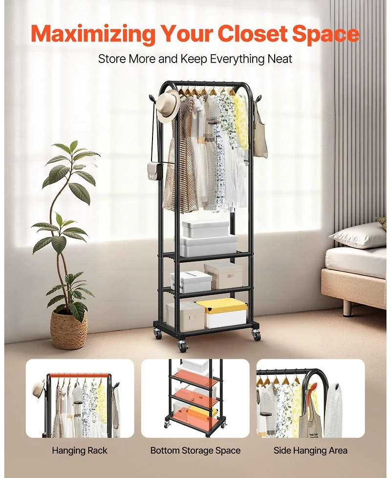 Ecooso Rolling Clothes Rack with Hanging Rod, Side Hooks & 3 Shelves, 99 lb Capacity, Heavy-Duty Carbon Steel Garment Rack