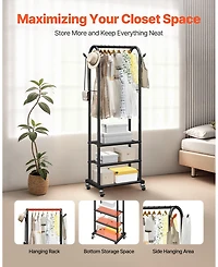 Ecooso Rolling Clothes Rack with Hanging Rod, Side Hooks & 3 Shelves, 99 lb Capacity, Heavy-Duty Carbon Steel Garment Rack