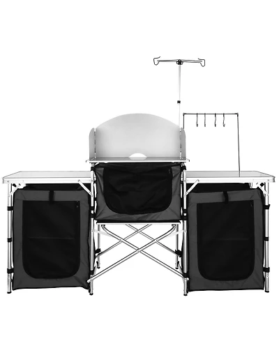 Mecale Camping Kitchen Table, Folding Outdoor Cook Station with 3 Cupboards & Windscreen, Carry Bag, Black