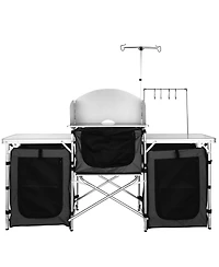Mecale Camping Kitchen Table, Folding Outdoor Cook Station with 3 Cupboards & Windscreen, Carry Bag, Black