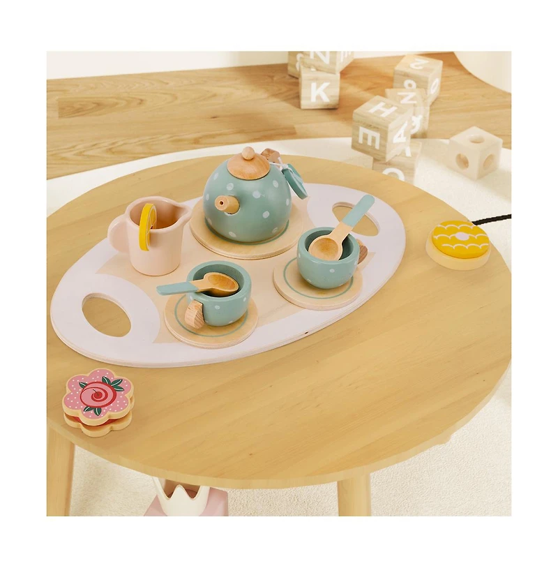 Bruce & Shark 15-Piece Wooden Tea Set for Kids, Pretend Play Toy with Teapot, Cups & Treats