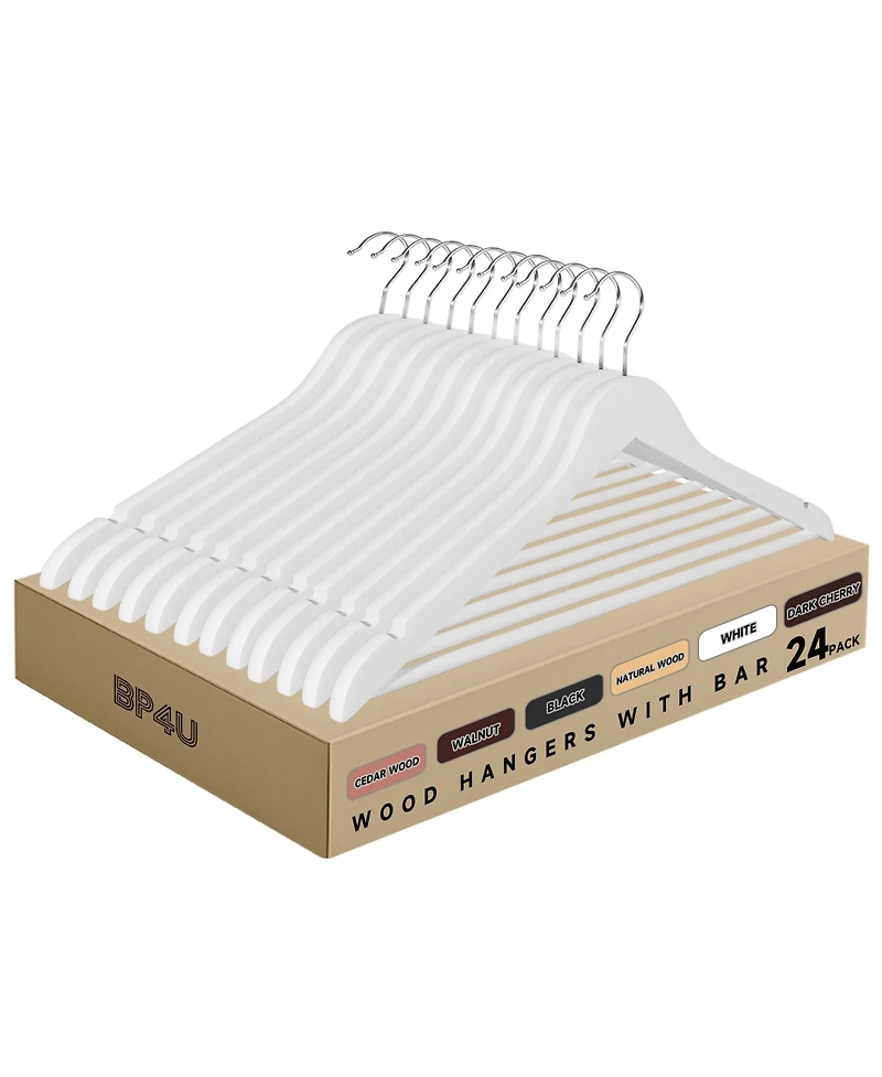 BP4U -Pack Premium Wooden Suit Hangers with Non-Slip Pant Bar, Heavy Duty Solid Wood Coat for Jackets, Shirts, Dresses