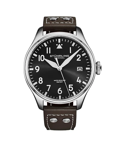 Stuhrling Airman 4078 Men s Quartz Pilot Watch, 43mm Alloy Case with Leather Strap