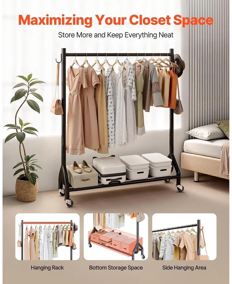 Ecooso Rolling Clothes Rack with Hanging Rod & Side Hooks, 198 lb Capacity, Heavy-Duty Carbon Steel Garment Rack with Wheels