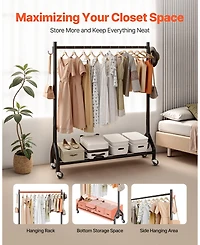 Ecooso Rolling Clothes Rack with Hanging Rod & Side Hooks, 198 lb Capacity, Heavy-Duty Carbon Steel Garment Rack with Wheels