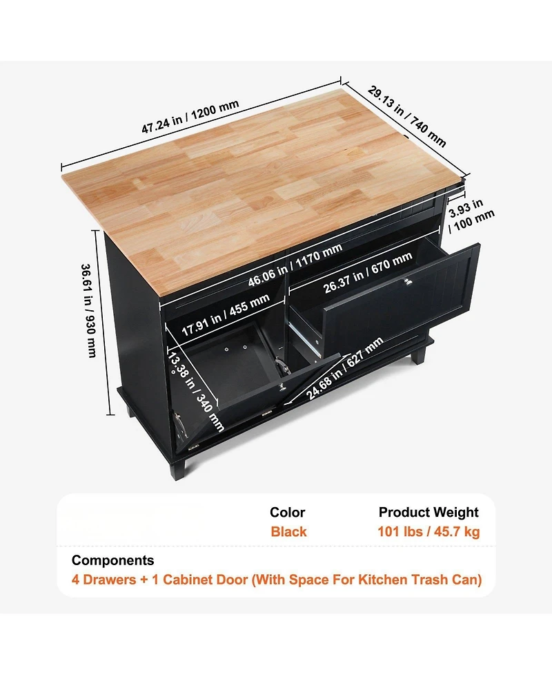 Volenca 50" Kitchen Island Cart with Wood Top, Tilt-Out Trash Cabinet for 10-Gallon Storage, Drop Leaf, Drawer, Towel Bar, Black