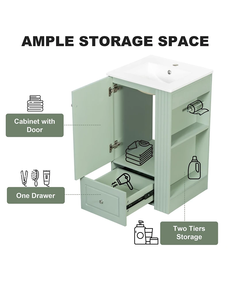 Cesicia 20-Inch Mdf Freestanding Bathroom Vanity with Ceramic Sink, Soft-Close Drawer, Open Shelves, Single Faucet Hole