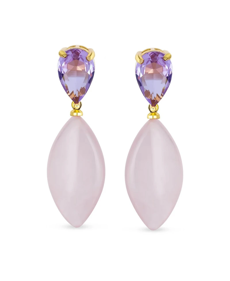 Bling Jewelry Pink Quartz Rhombus Teardrop Purple Cz & Dangling Earrings Gold Plated