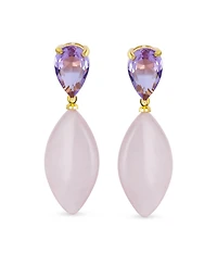 Bling Jewelry Pink Quartz Rhombus Teardrop Purple Cz & Dangling Earrings Gold Plated