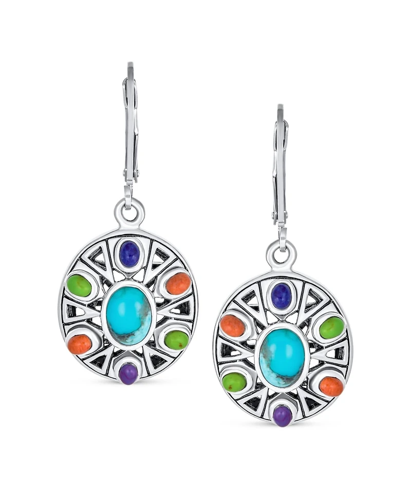 Bling Jewelry Native American Style Multi Color Round Lapis Turquoise Drop Earrings Silver