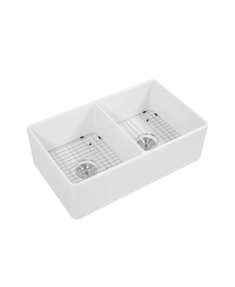 Flynama huluwat 33x20x10inch White Farmhouse Sink Ceramic Porcelain Double Bowl Reversible Design