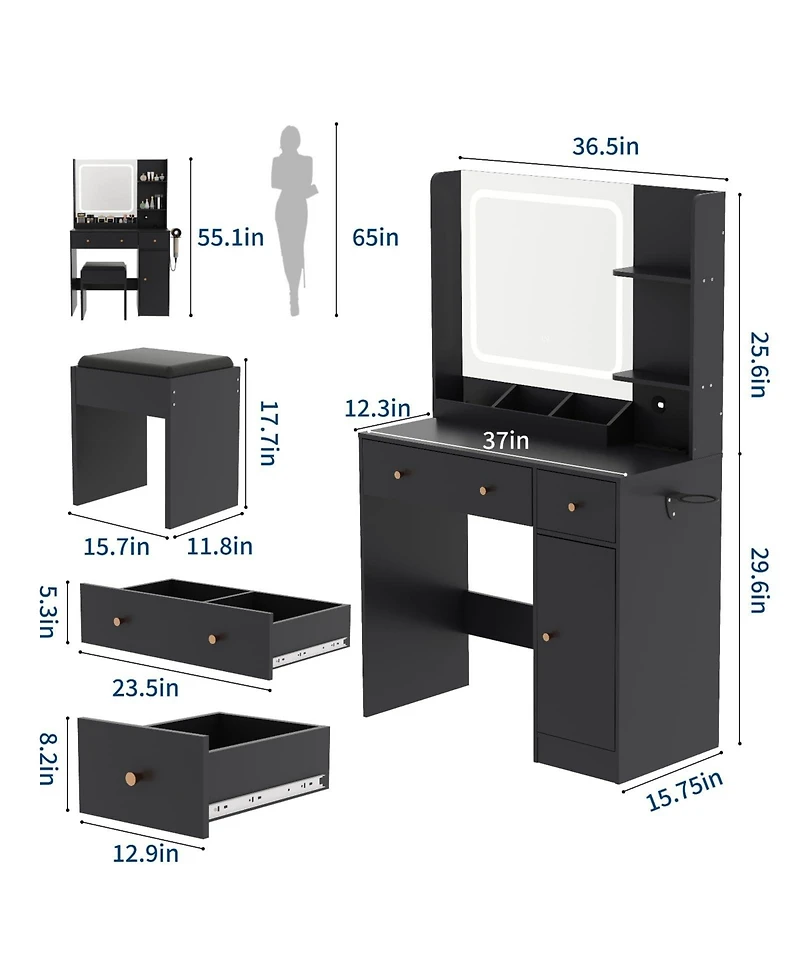 gaomon Makeup Vanity Desk with Led Mirror & Power Outlet,Vanity Set Storage Drawers,Shelves Stool