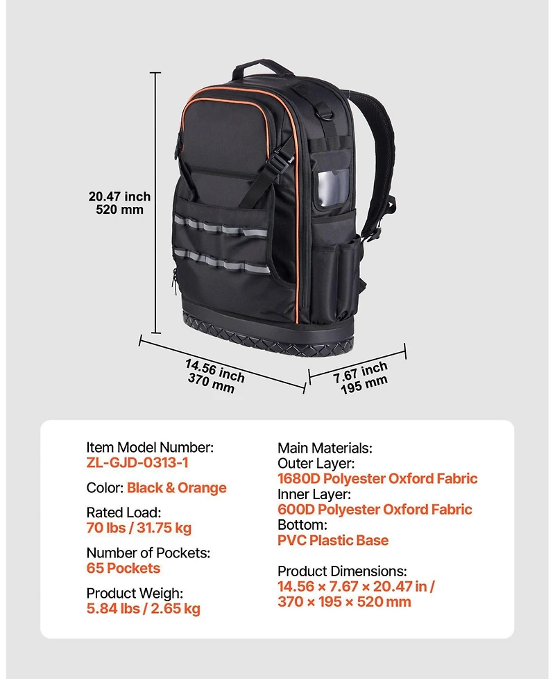 Mecale Tool Backpack, 65 Pockets, Heavy-Duty Tool Storage Organizer with Laptop Compartment & Molded Base, Electrician Jobsite Backpack