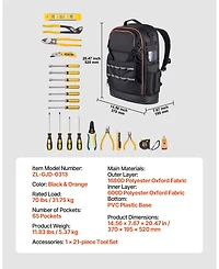 Mecale Tool Backpack with Tools, 65 Pockets, Heavy-Duty Tool Organizer with Laptop Compartment & Molded Base, Jobsite Backpack