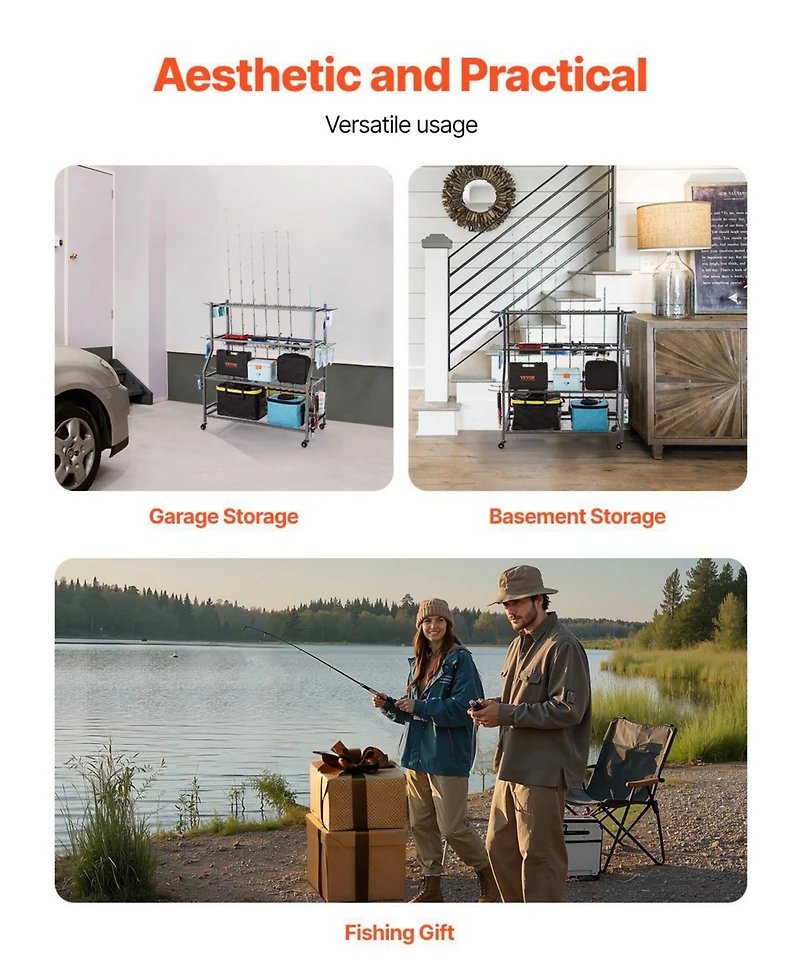 Mecale Fishing Rod Holder, 15-Rod Mobile Pole Rack Cart with Wheels for Garage or Home Fishing Gear Storage