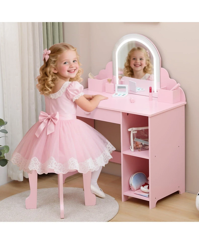 gaomon Kids Vanity with Lighted Mirror & Stool, Little Girls Vanity with Adjustable Led Light
