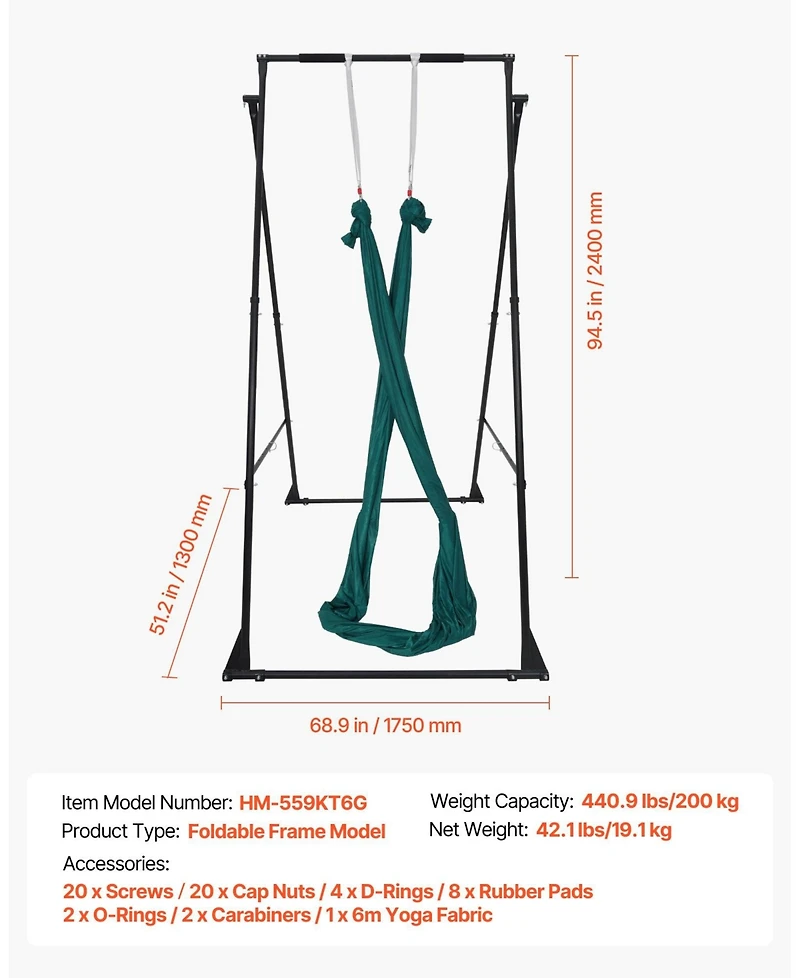 Mecale Yoga Swing Stand Frame with Hammock, 440.9 lb Capacity, Triangular Aerial Rig with Eva Foam, 4-Level Horizontal & 6-Level Vertical