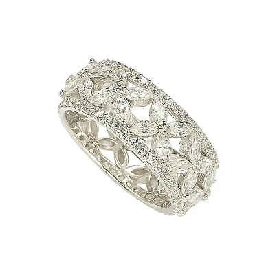 Suzy Levian Sterling Silver Cubic Zirconia Floral Eternity Band Ring